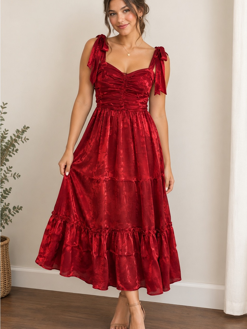 Burgundy Satin Tie-Shoulder Midi Dress